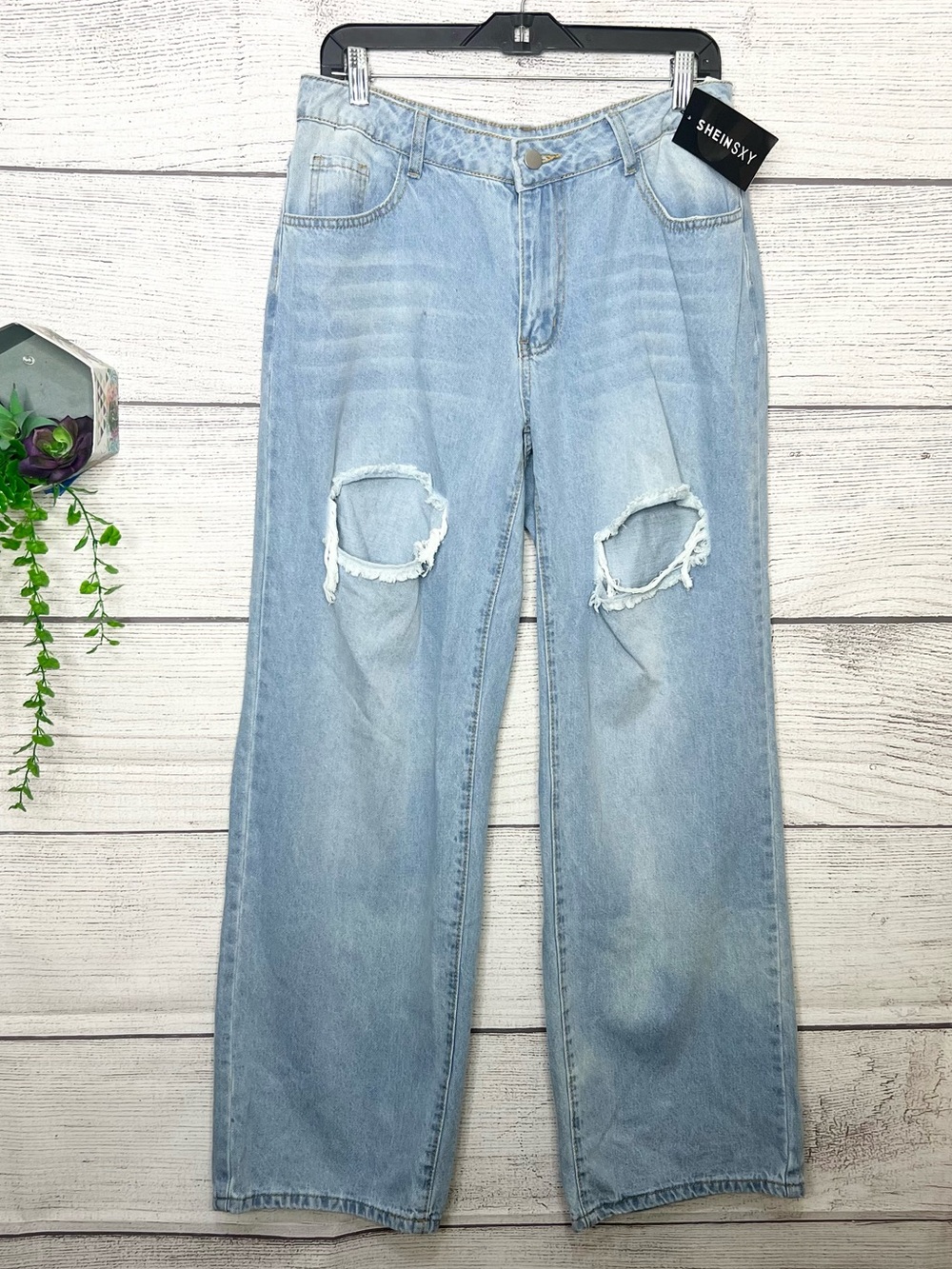 NWT SHEIN Light Blue Distressed Straight Wide Leg Women's Jeans Size Large